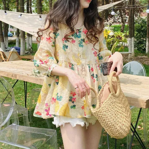 블라우스 셔츠 브라우스 남방 여성 예쁜 린넨 7부 꽃무늬 오버핏