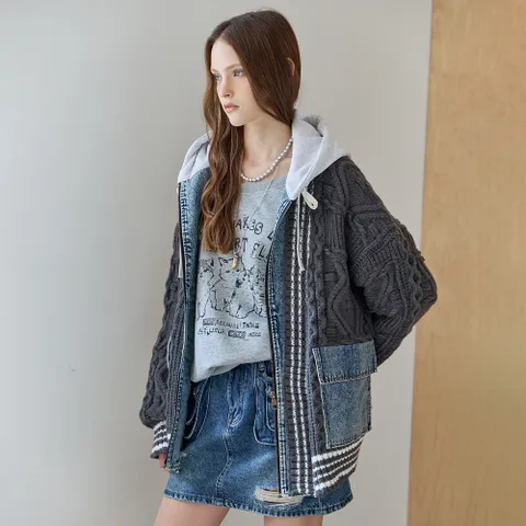 [마쟈] 데님 포켓 케이블 니트 후드 집업 ZE10QD015NA