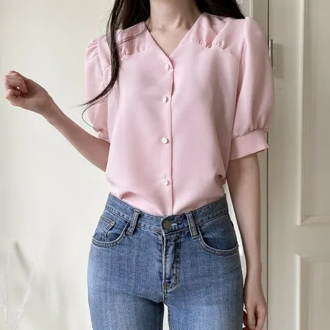 [하프클럽/다잇템]여소매벌룬분홍V넥블라우스