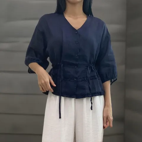 |CDH3E53|여성용 린넨 브이넥 7부 소매 프릴 블라우스 클래식 스타일