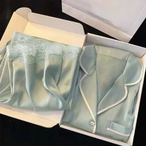 잠옷 파자마 홈웨어 큐빅포인트실크 실크 상하 파자블루 안대미포함 +할인쿠폰