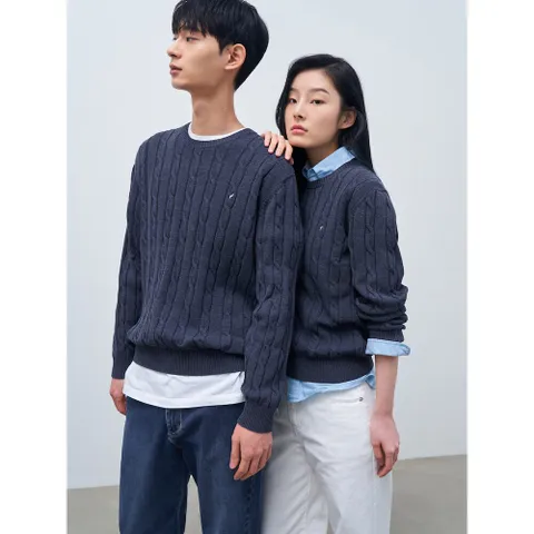 (우수고객전용) [빈폴] [Essential] 남녀공용 코튼 케이블 라운드 니트  블루 (BC4151E05P) +할인쿠폰