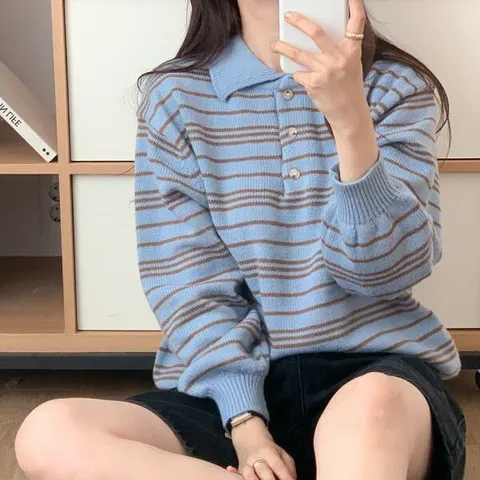 아트박스/신상오픈런 여성 배색 스트라이프 카라넥 퍼프 가을 의류 +할인쿠폰