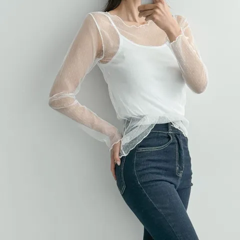 |KSTA7E7|여성 시스루 도트 레이어드 긴팔 티셔츠