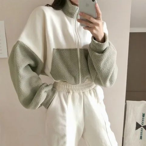 [하프클럽/옷자락]여자 투톤 양기모 양털 하이넥 배색 집업 퍼프 자켓