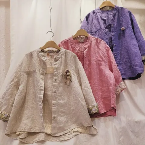 [온마이웨이] 국내 생산 린넨 100 라운드넥 단추 남방 자켓 여성 중년 엄마 옷