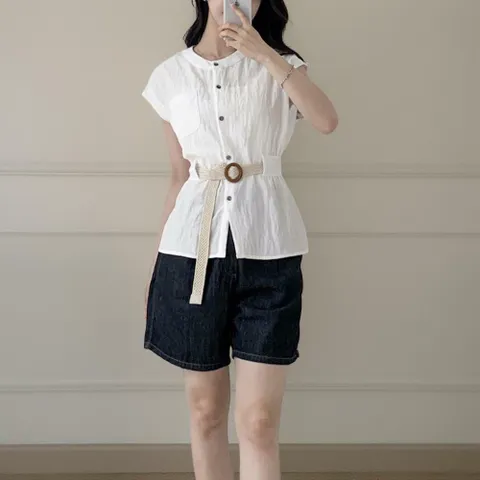 |CSH3EC6|여성용 여름 사무복 파스텔 컬러 면 캡소매 벨트 블라우스