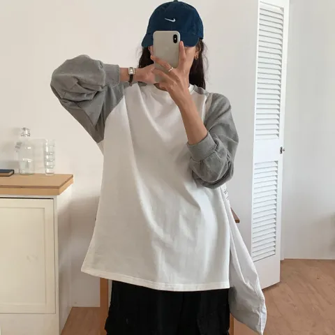 |KST982D|여성 빅사이즈 루즈핏 투톤 배색 나그랑 퍼프 티셔츠