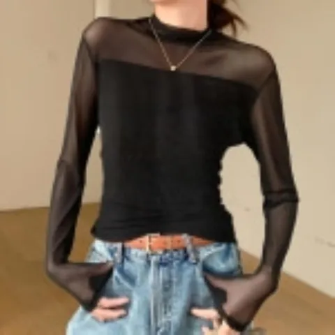 |CCTA4B2|여성용 세련된 벨벳 시스루 반목 긴팔 티셔츠