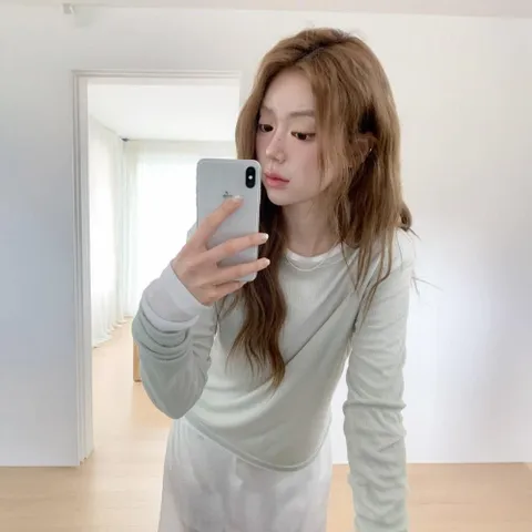 |KMTA4CC|여성 슬림핏 골지 시스루 긴팔 라운드넥 티셔츠
