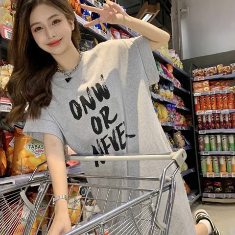 원피스 OPS 여성 여자 집앞 외출 마트 룩 레터링 반팔 면 코디
