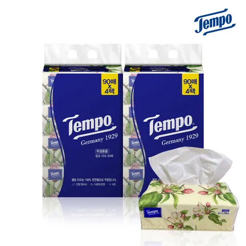 [온누리상품] 독일 템포 소프트팩 4겹 천연펄프 미용티슈 90매 4입 X 2팩