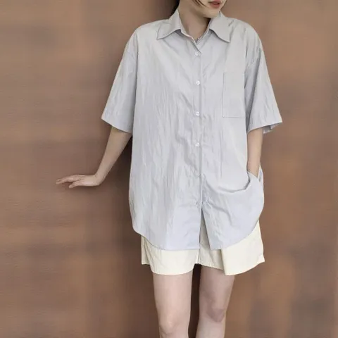 |KHH3D87|여성 원색 원포켓 나일론 카라 반팔 롱셔츠