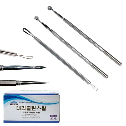 의료용 여드름압출기 3종+알콜솜100매 바늘 루프 창 큐렛 여드름 짜는 도구 피지 비립종 피부과 병원