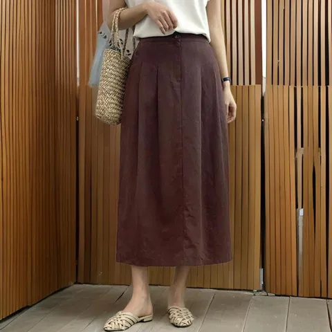 아트박스/신상오픈런 여성용 클래식 원버튼 핀턱 린넨 H라인 롱치마 +할인쿠폰
