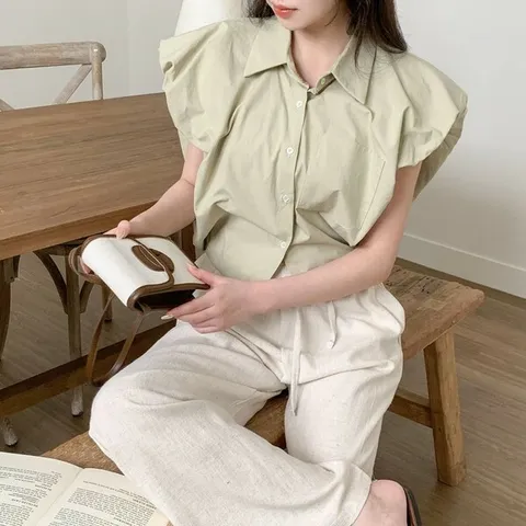 [하프클럽/다잇템]여자 벌룬 남방 슬리브리스 탱크 프릴 블라우스