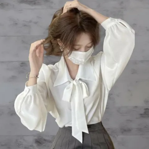 여성 리본 카라넥 시폰 흰색 베이직 스트랩 블라우스