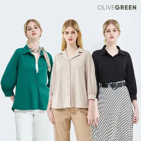올리브그린 폰테 셔츠블라우스3종+쉬폰스카프1종 +무이자3개월