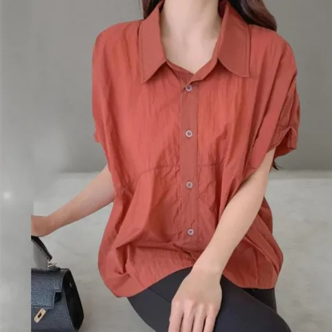 |CDH400E|여성용 일상 언발란스 절개 바스락 반팔 셔츠