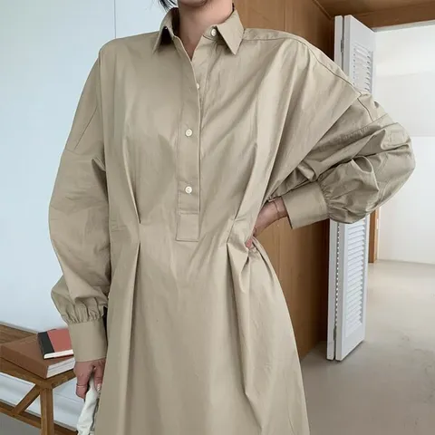 [하프클럽/옷자락]여자 왕리본 스트랩 페플럼 핀턱 순면 셔츠 롱원피스