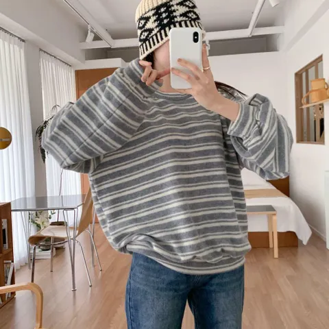 여자 빅사이즈 플리스 스트라이프 퍼프 라운드 맨투맨