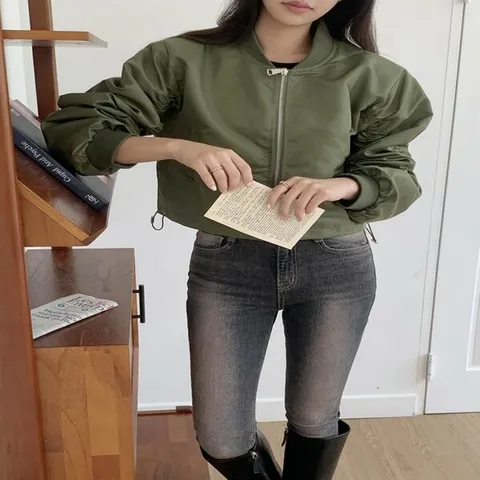 [하프클럽/옷자락]여자 나일론 셔링 포인트 긴팔 가을 항공 점퍼