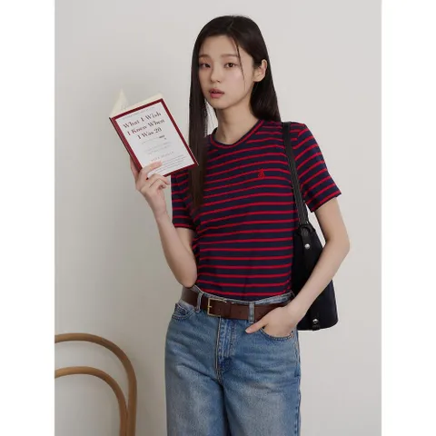 [빈폴레이디스] [Essential] 코튼 스트라이프 반소매 티셔츠  네이비 (BF6342E11R) +할인쿠폰