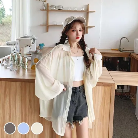 블라우스 셔츠 브라우스 빅사이즈 쉬폰 시스루 여성