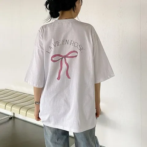 [하프클럽/옷자락]여자 봄 리본 나염 레터링 포인트 루즈핏 박스 티셔츠