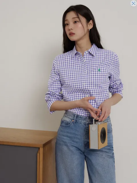 [현대백화점] [빈폴레이디스]  코튼 혼방 깅엄체크 슬림숏 셔츠 - 라벤더 (BF6264C07T)  BF6264C07T +할인쿠폰