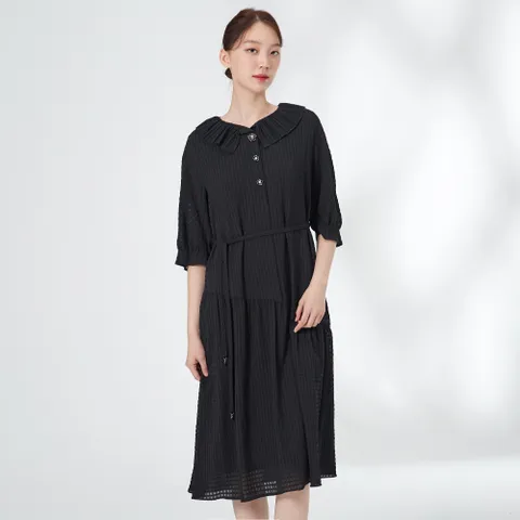 [GIVY] 체크 플리츠 칼라 롱 원피스 GY25A1FRD3099 +할인쿠폰