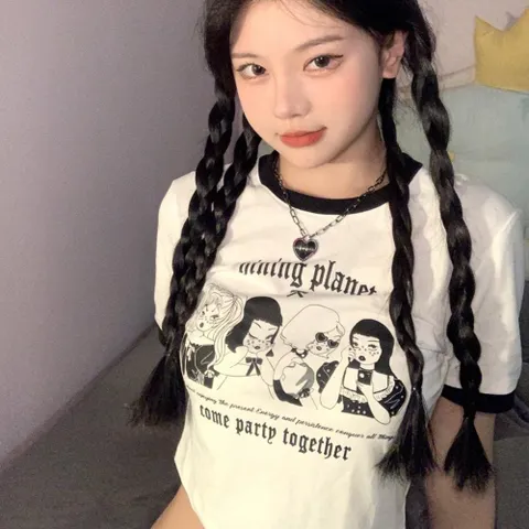 여자 배색 프린팅 심플 크롭 반팔 티셔츠 DMES-TSH-STS14351359
