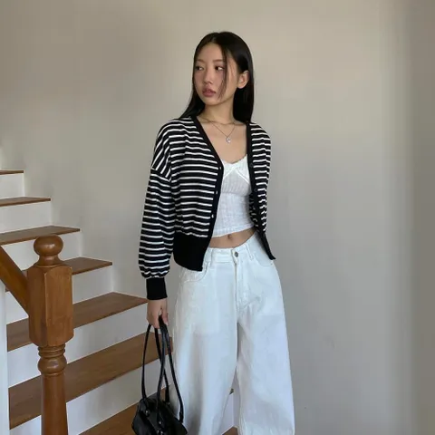 여성 브이넥 스트라이프 버튼 기본 카디건 단가라 +할인쿠폰