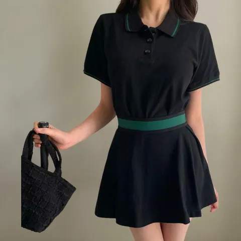 |CHT9163|여성용 배색 칼라 반팔 티 세미 크롭 티셔츠