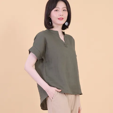 애비뉴투지 엄마옷 로미 린넨 트임 헨리넥 얇은 여성 여름 반팔 블라우스 B08350 50대 60대 중년여성 +할인쿠폰