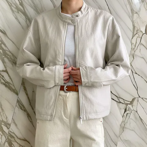 여자 레더 집업 원버튼 블루종 드로우코드 자켓