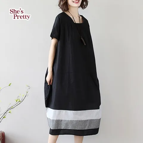 [하프클럽/쉬즈프리티]배색데코린넨원피스