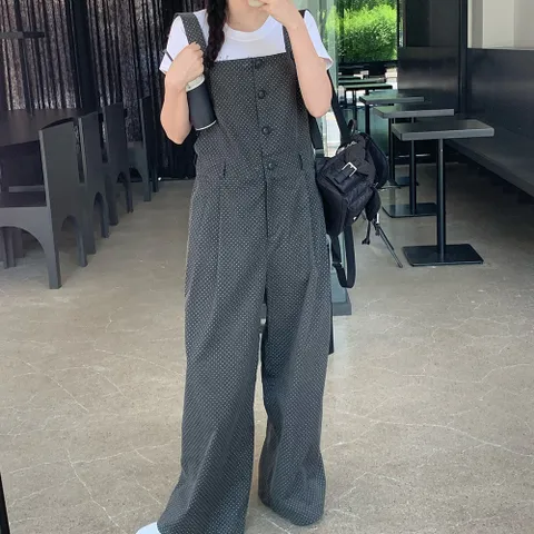 여자 버튼 넓은 코튼 도트멜빵 귀여운 핀턱 점프수트