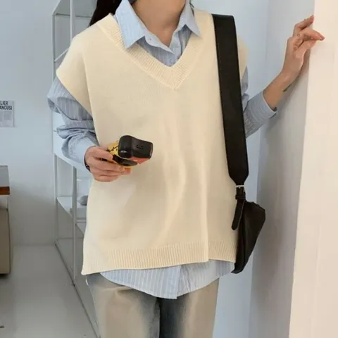 [하프클럽/옷자락]여자 봄 베이직 무지 오버핏 니트 조끼 베스트