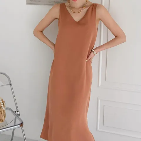 여자 휴양지원피스 V넥 슬리브리스 무지 사이드슬릿 롱원피스