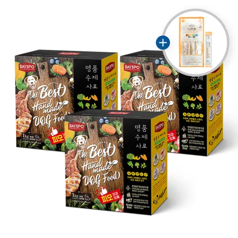 데이스포 명품수제사료 녹황색식단 전연령 강아지사료 3kg + 케어스틱 홍삼+황태 4P +할인쿠폰