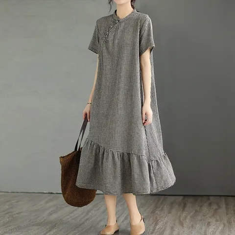 [퀸이즈] [∼77까지]바키오 체크 포인트 차이나넥 원피스