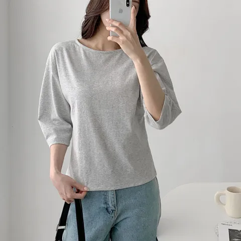 여자 펌킨 민무늬 U넥 반팔 SS 베이직핏 티셔츠