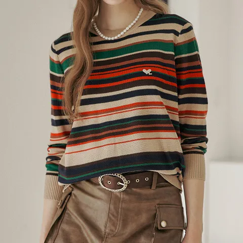 [비밀상점][마쟈] 멀티 스트라이프 패턴 라운드넥 니트 ZD10QK029NA +할인쿠폰