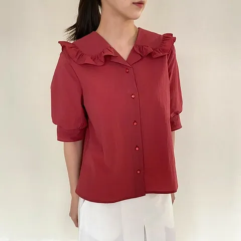 [하프클럽/다잇템]여자 프릴 반소매 클래식 벌룬소매 블라우스