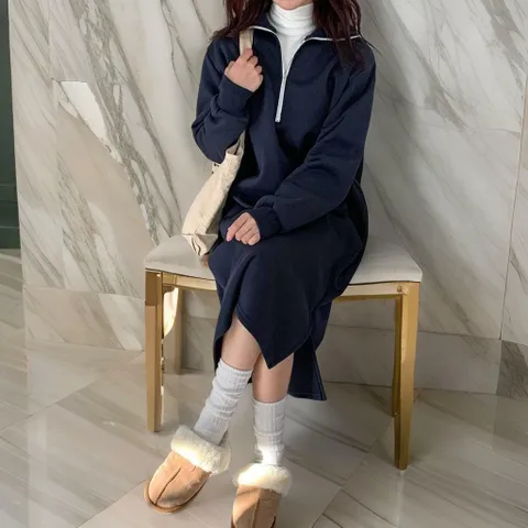 여자 트임 기모 롱 오버핏 반집업 원피스