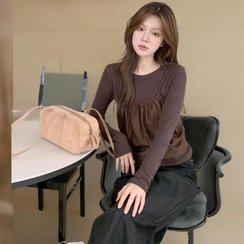 |KMT98D5|여성용 레이온 셔링 뷔스티에 긴팔 레이어드 티셔츠