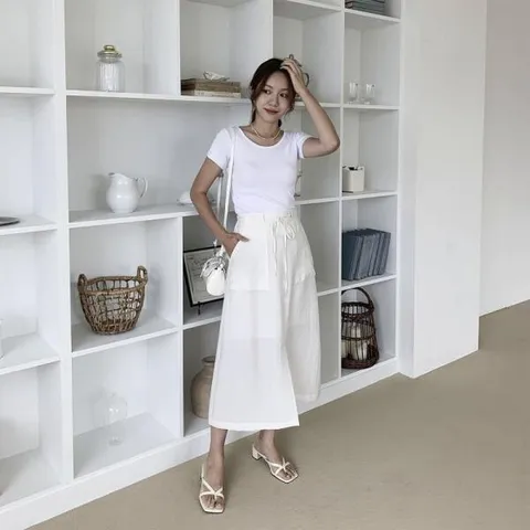 아트박스/신상오픈런 여성 나일론 린넨 스트랩 빅포켓 롱 스커트 +할인쿠폰