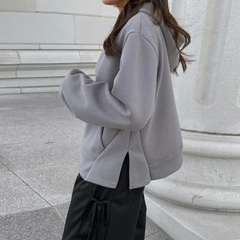 |KHTA70E|여성 캥거루 주머니 절개 디테일 후드 티셔츠