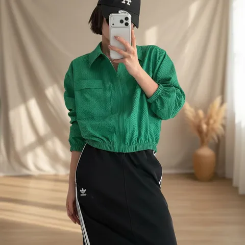 여성 봄용 그린 나일론 점퍼 포켓 카라 밴딩 +할인쿠폰